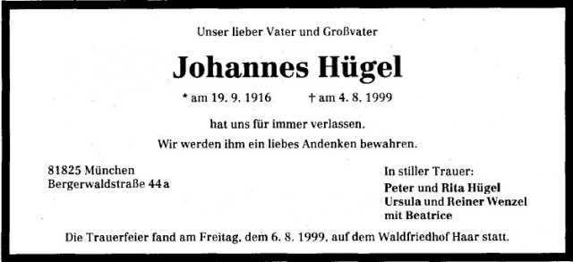 Huegel Johannes 1916-1999 Todesanzeige